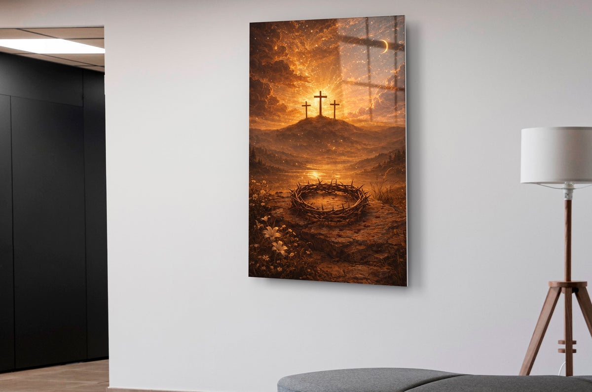 Three Crosses and Crown of Thorns Glass Wall Art in a modern interior