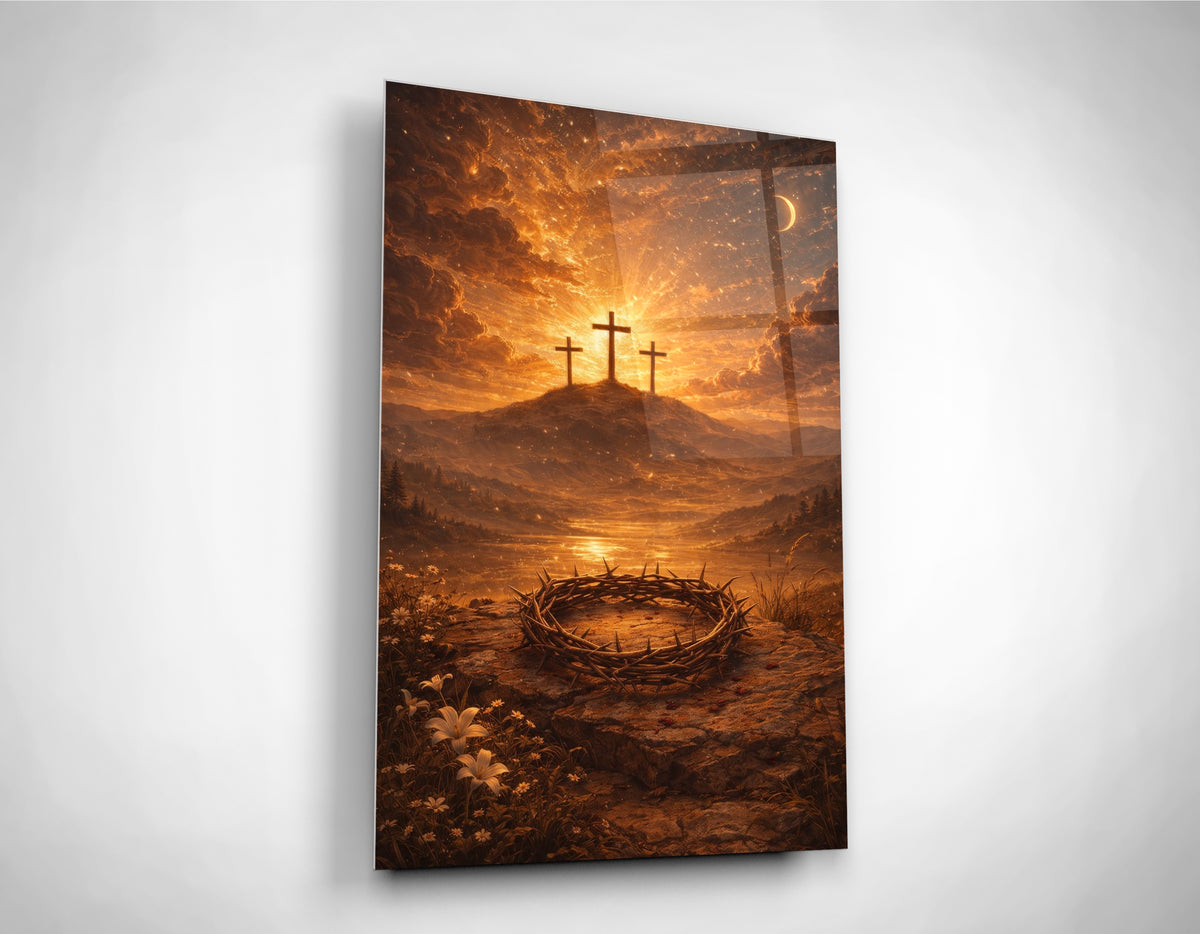 Three Crosses and Crown of Thorns Glass Wall Art close-up