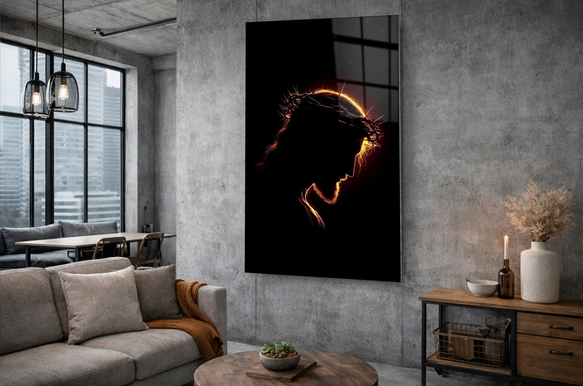 Jesus Crown of Thorns Silhouette Glass Wall Art in a living room interior