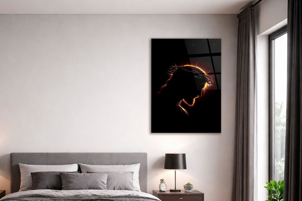 Jesus Crown of Thorns Silhouette Glass Wall Art in a modern interior