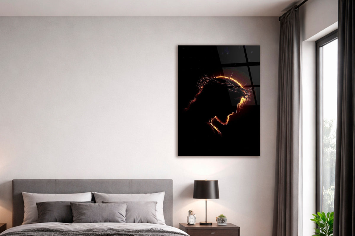 Jesus Crown of Thorns Silhouette Glass Wall Art in a modern interior
