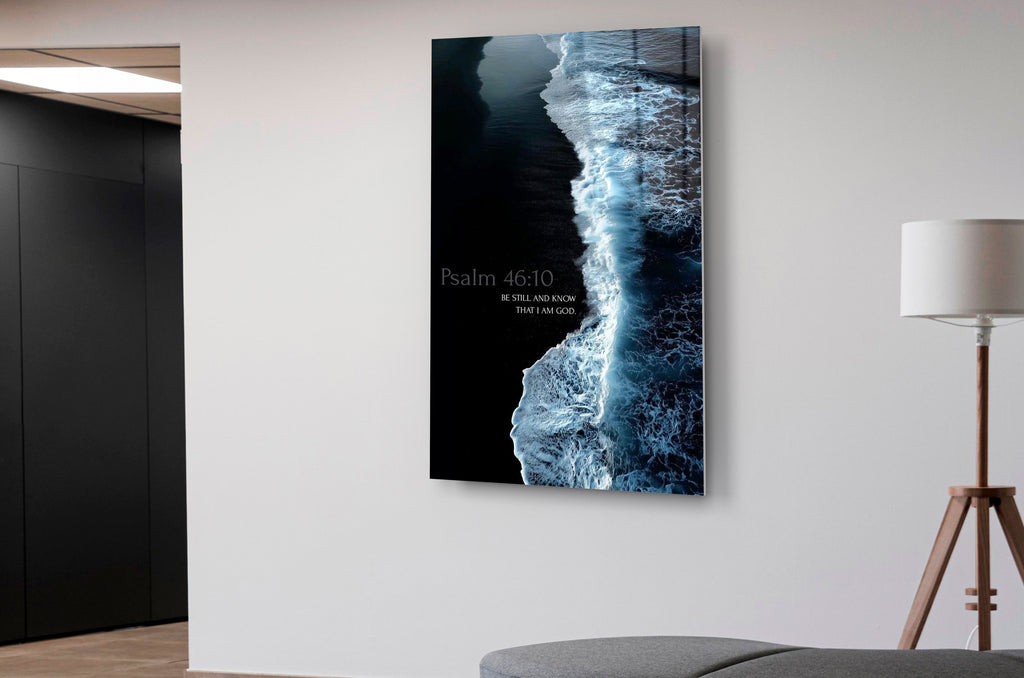 Psalm 46:10 Be Still Ocean Shore Glass Wall Art in a modern interior