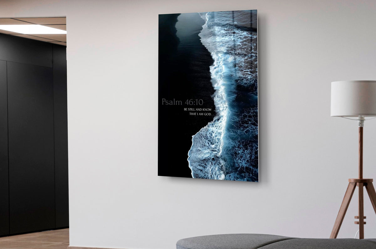 Psalm 46:10 Be Still Ocean Shore Glass Wall Art in a modern interior