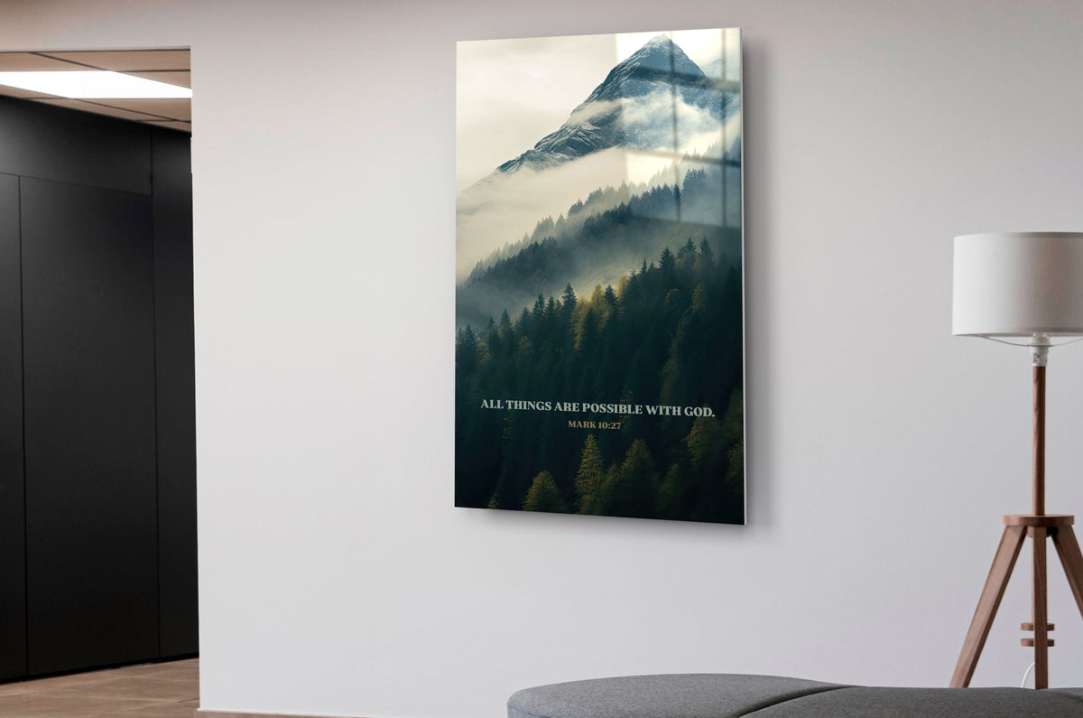 All Things Are Possible Misty Mountain Glass Wall Art in a living room interior