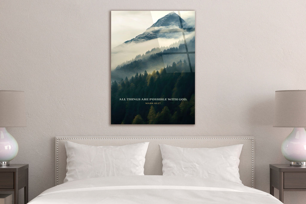 All Things Are Possible Misty Mountain Glass Wall Art in a modern interior