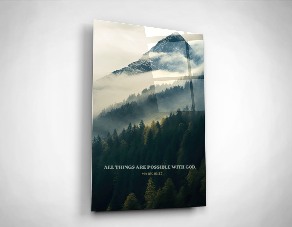 All Things Are Possible Misty Mountain Glass Wall Art close-up