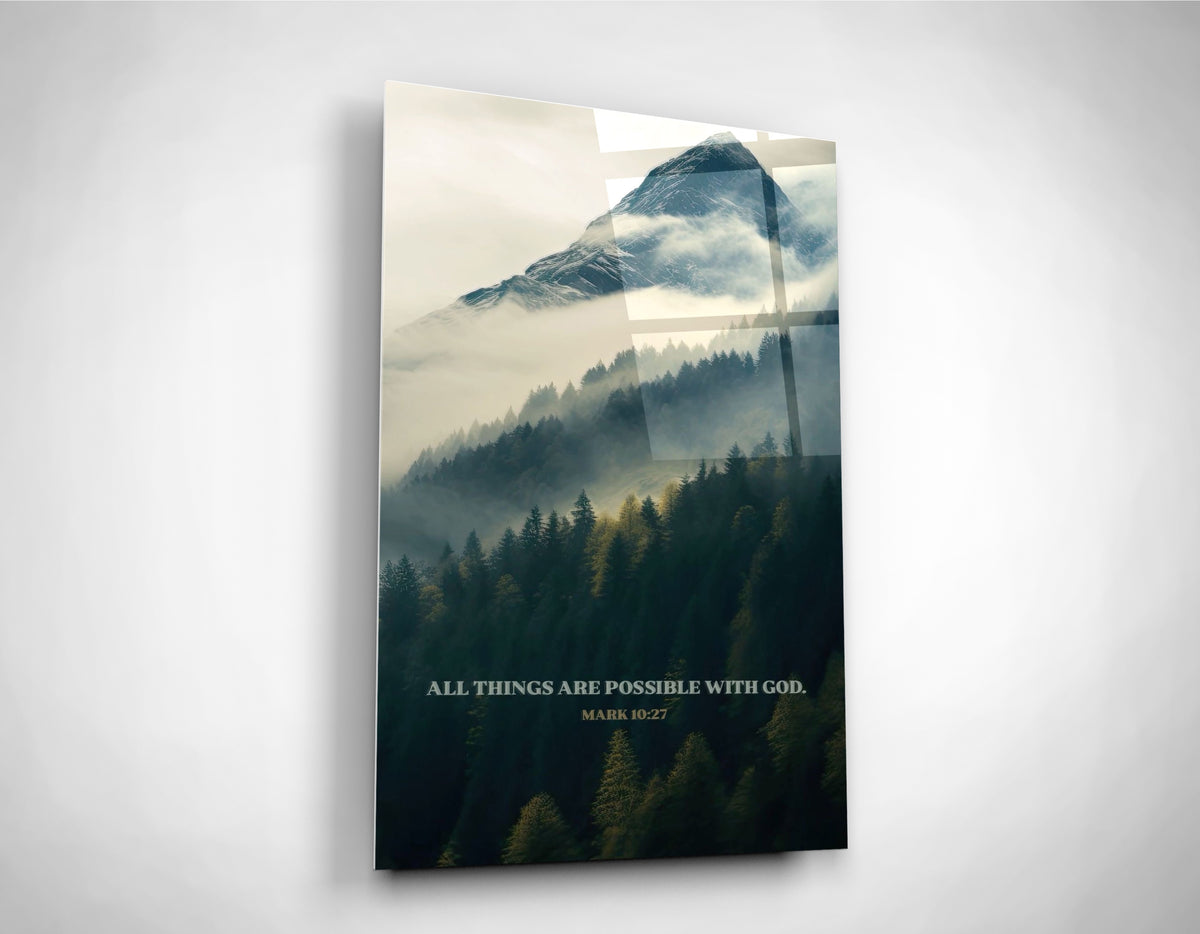 All Things Are Possible Misty Mountain Glass Wall Art close-up