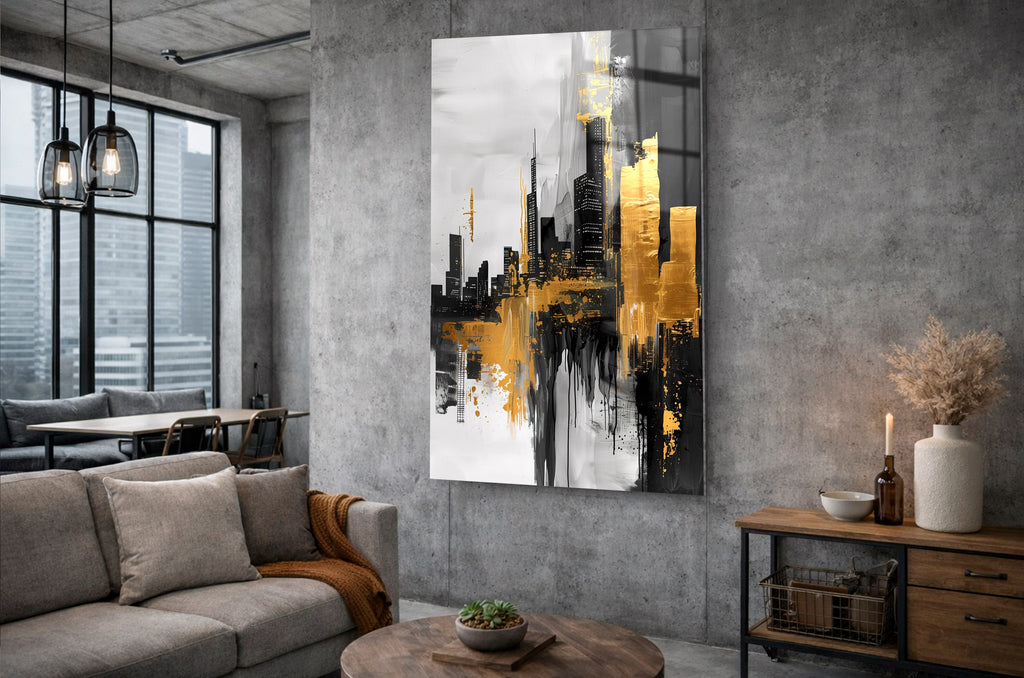 Black and Gold Abstract City Glass Wall Art in a living room interior
