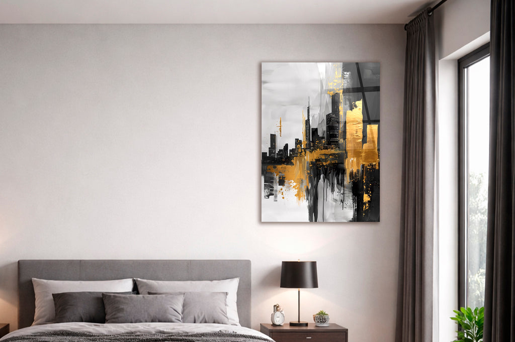 Black and Gold Abstract City Glass Wall Art in a modern interior