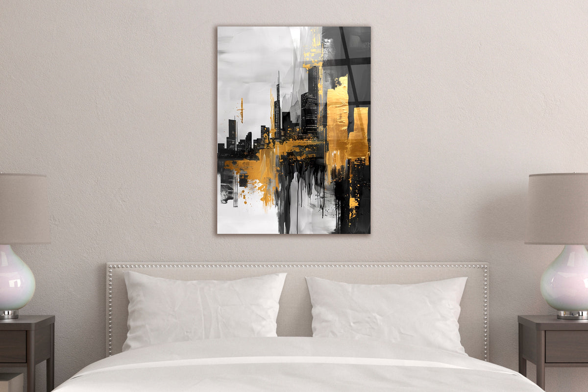 Black and Gold Abstract City Glass Wall Art on the wall
