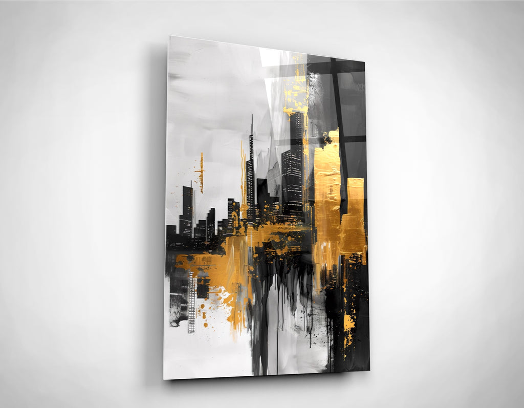 Black and Gold Abstract City Glass Wall Art close-up