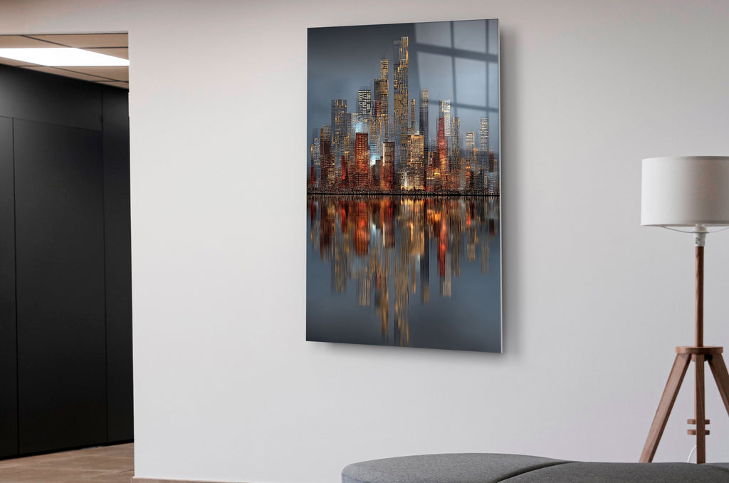 Copper City Lights Reflection Glass Wall Art in a living room interior