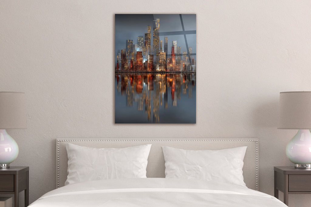 Copper City Lights Reflection Glass Wall Art in a modern interior