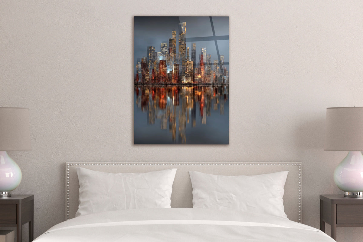 Copper City Lights Reflection Glass Wall Art in a modern interior
