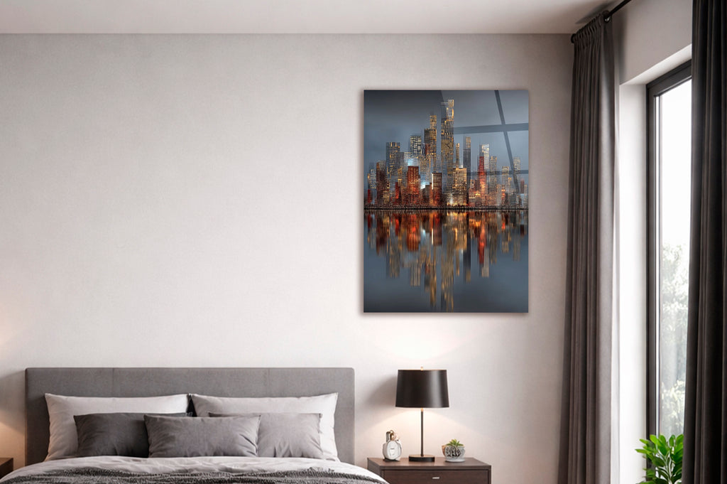 Copper City Lights Reflection Glass Wall Art on the wall
