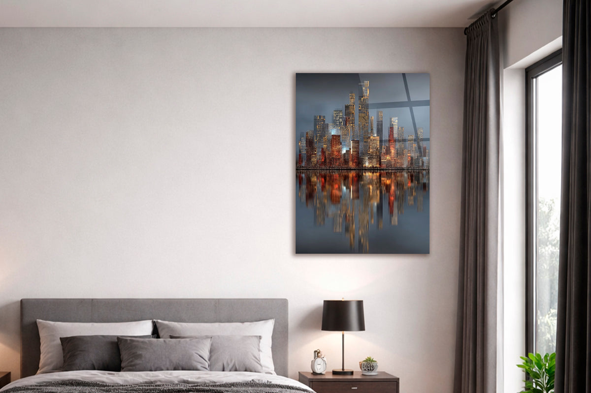 Copper City Lights Reflection Glass Wall Art on the wall