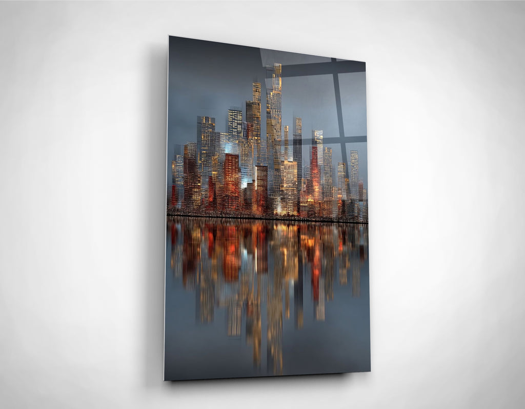 Copper City Lights Reflection Glass Wall Art close-up