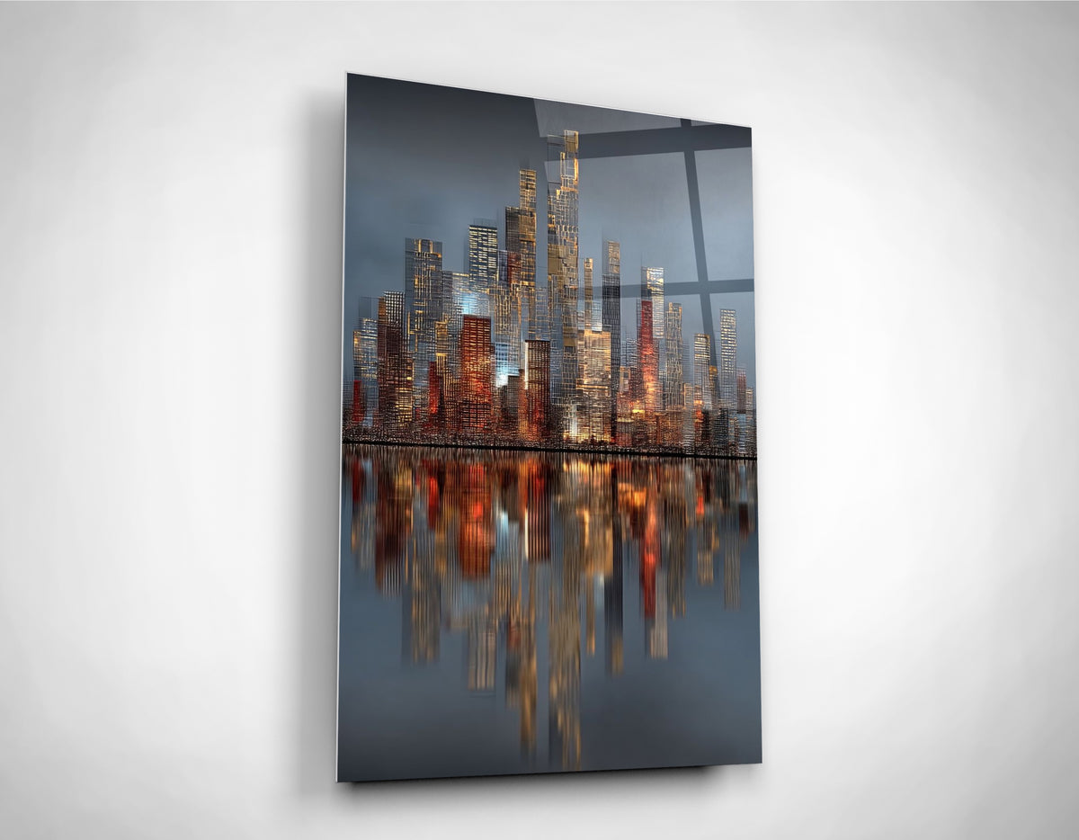 Copper City Lights Reflection Glass Wall Art close-up