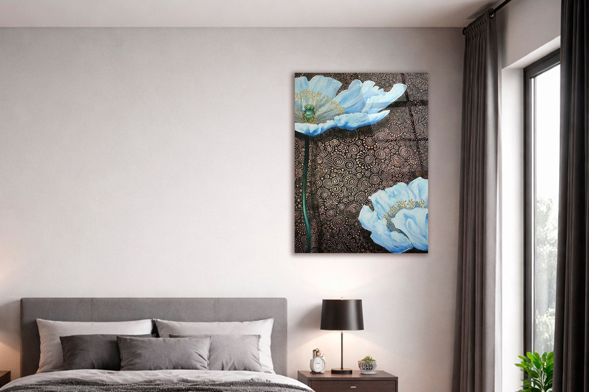 Pale Blue Poppies on Bronze Glass Wall Art in a modern interior