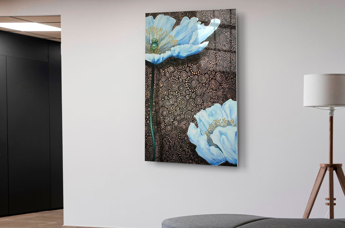 Pale Blue Poppies on Bronze Glass Wall Art on the wall