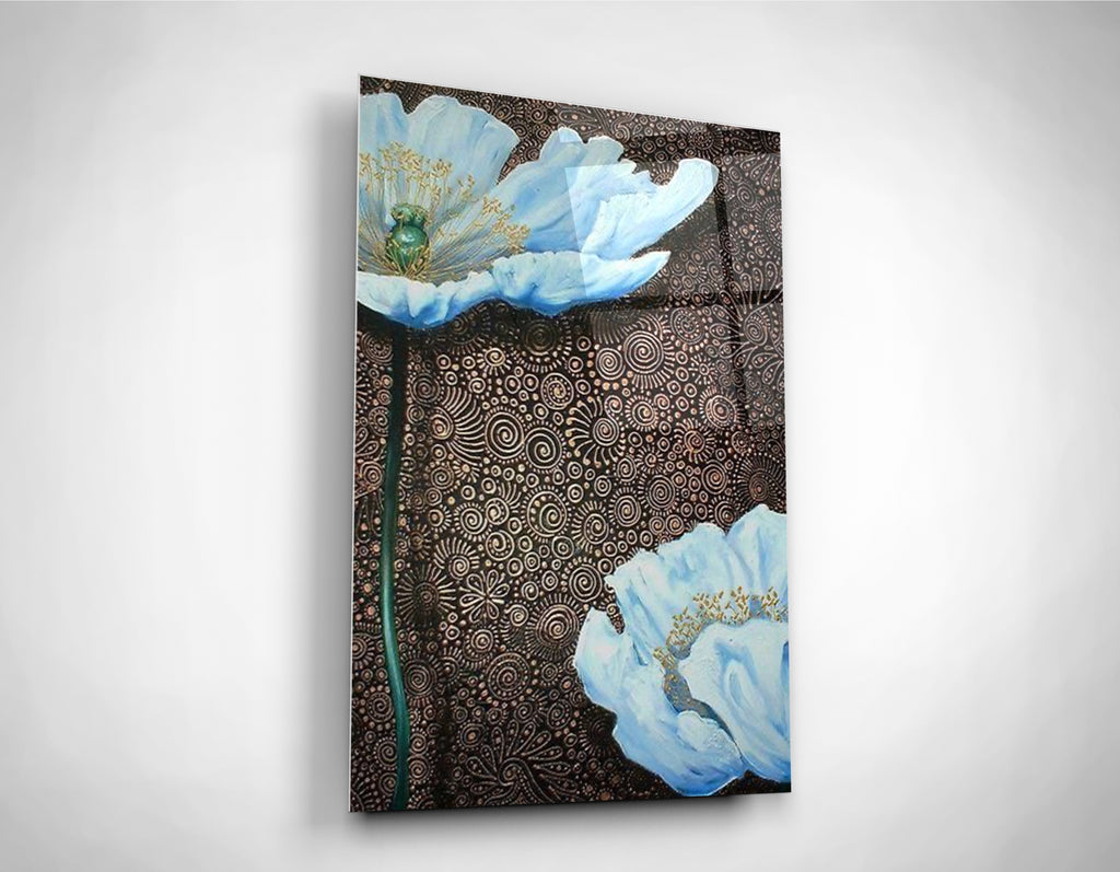 Pale Blue Poppies on Bronze Glass Wall Art close-up