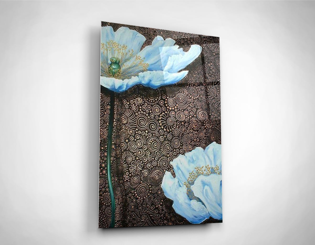 Pale Blue Poppies on Bronze Glass Wall Art close-up