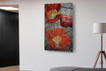 Red Poppies on Gold Ornament Glass Wall Art in a living room interior