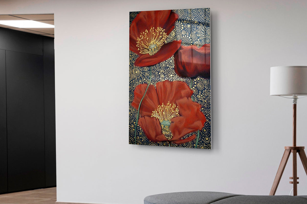 Red Poppies on Gold Ornament Glass Wall Art in a living room interior