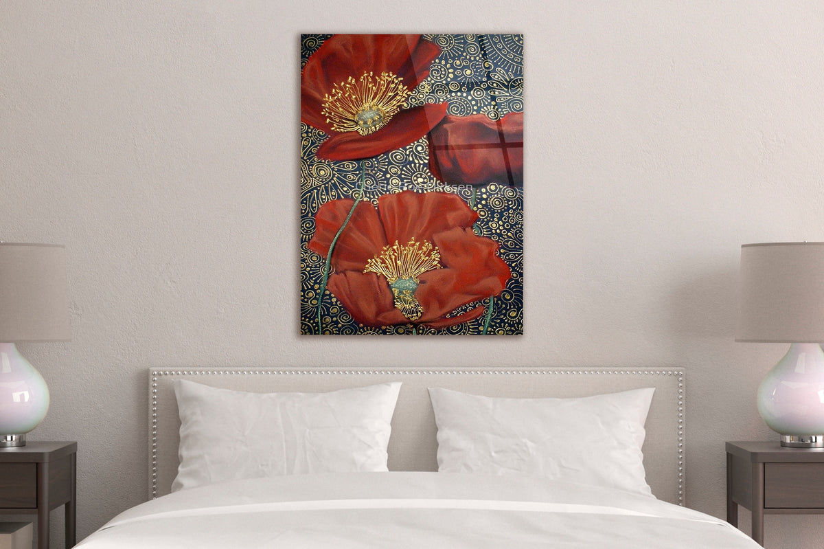 Red Poppies on Gold Ornament Glass Wall Art in a modern interior