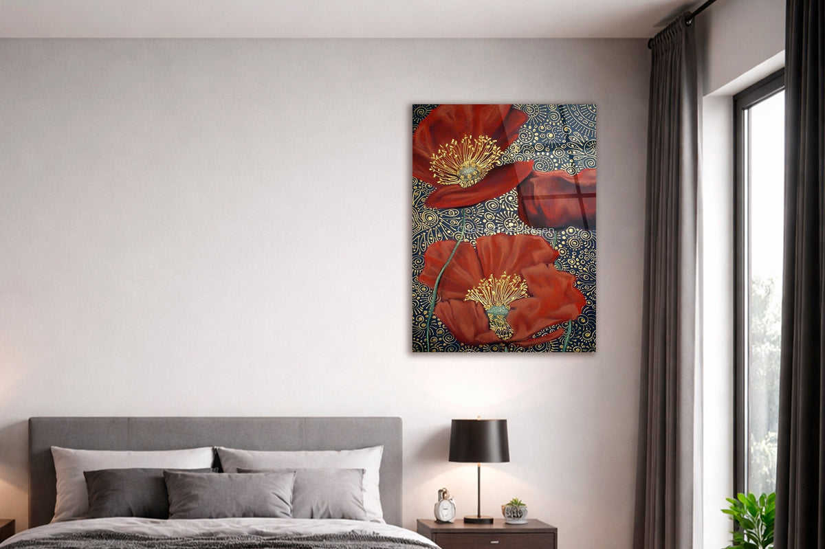 Red Poppies on Gold Ornament Glass Wall Art on the wall