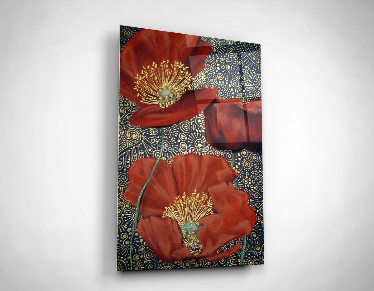Red Poppies on Gold Ornament Glass Wall Art close-up