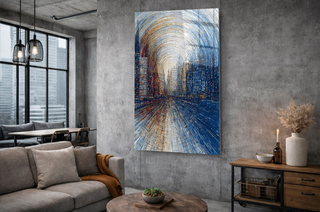 Blue and Gold Abstract City Street Glass Wall Art in a living room interior