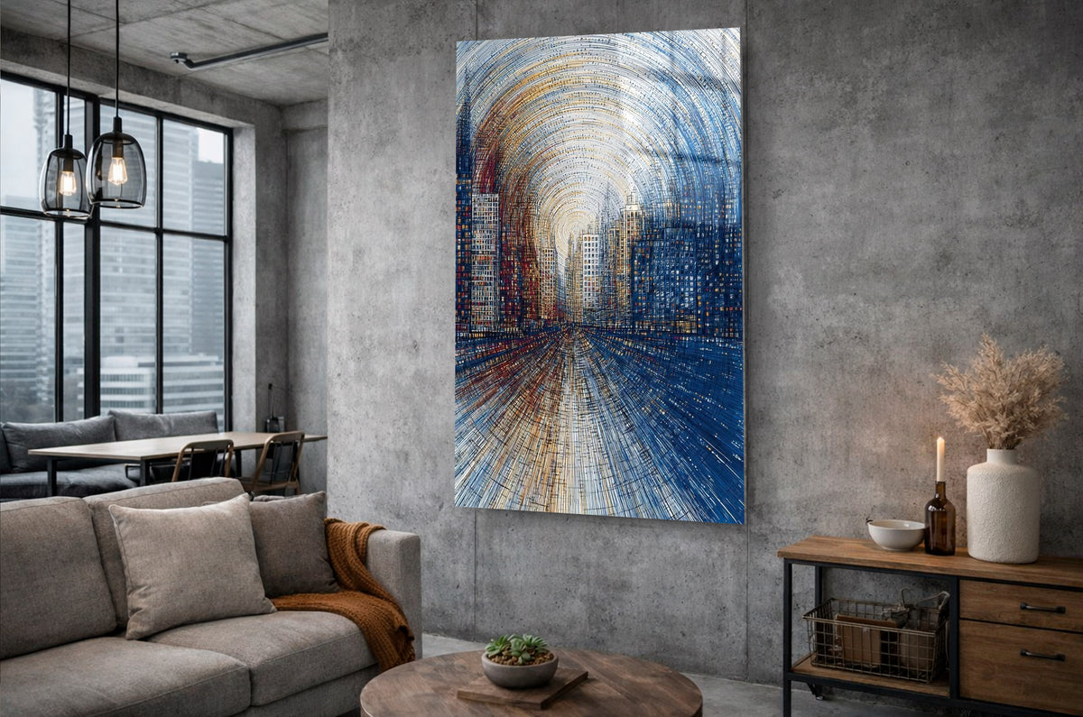 Blue and Gold Abstract City Street Glass Wall Art in a living room interior