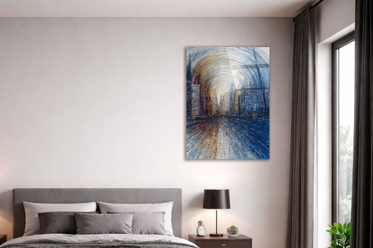 Blue and Gold Abstract City Street Glass Wall Art in a modern interior