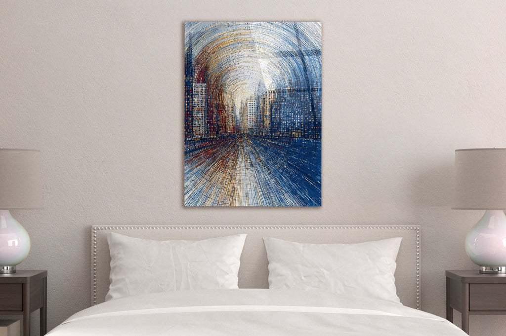 Blue and Gold Abstract City Street Glass Wall Art on the wall