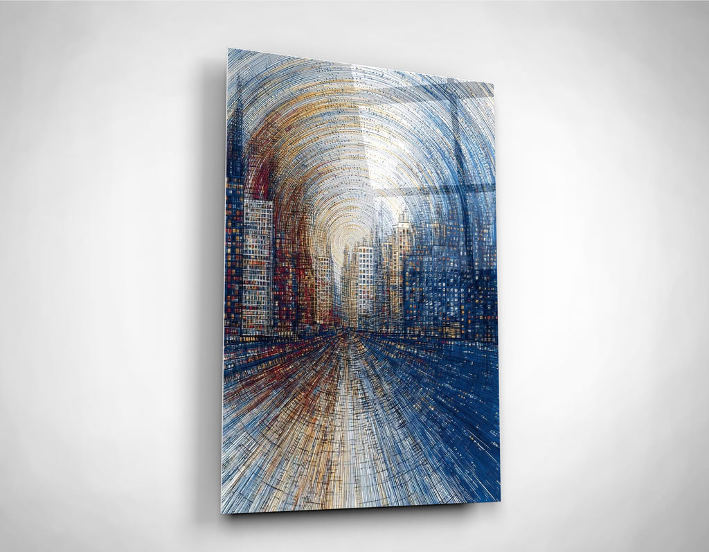 Blue and Gold Abstract City Street Glass Wall Art close-up
