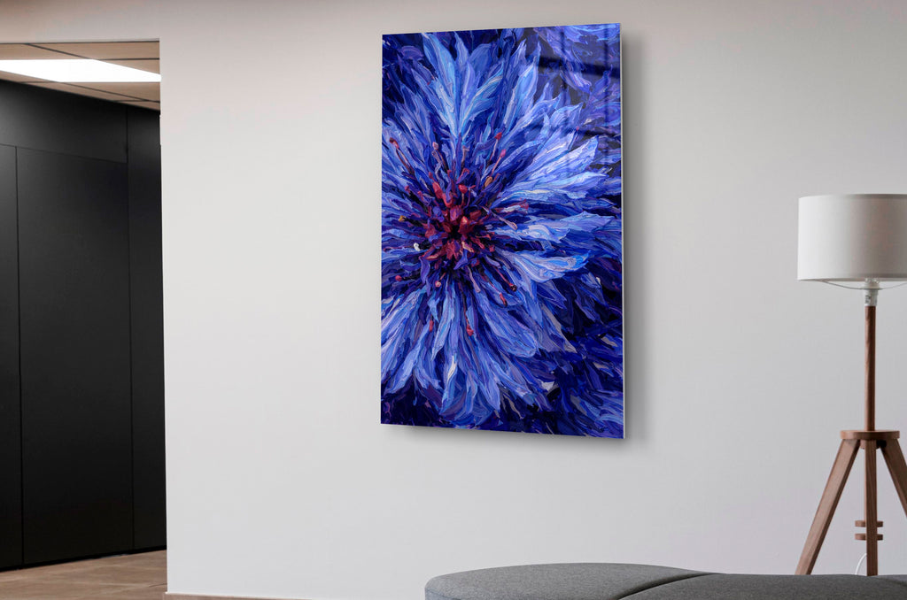 Blue Cornflower Close-Up Glass Wall Art in a living room interior