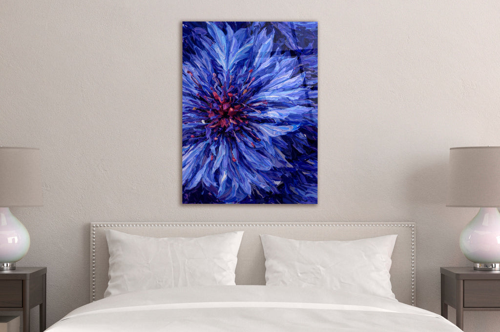 Blue Cornflower Close-Up Glass Wall Art in a modern interior