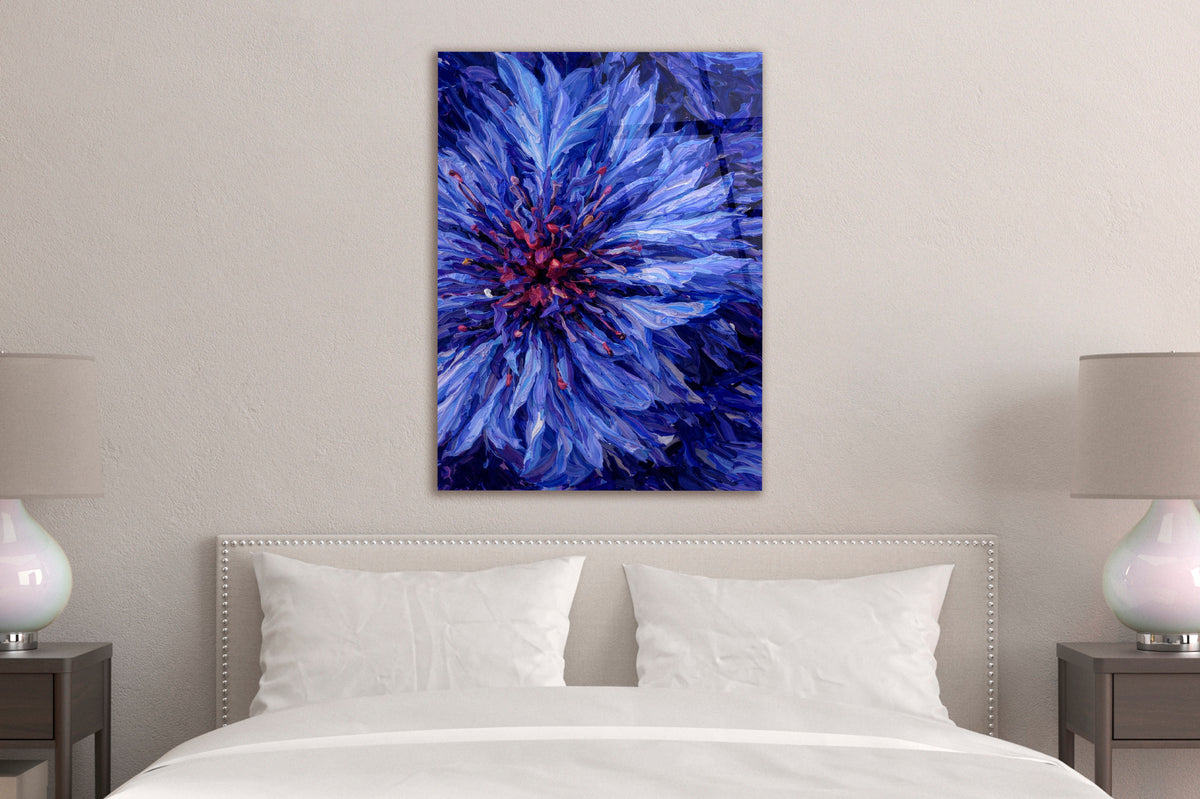 Blue Cornflower Close-Up Glass Wall Art in a modern interior