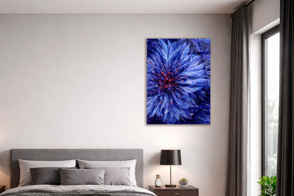 Blue Cornflower Close-Up Glass Wall Art on the wall