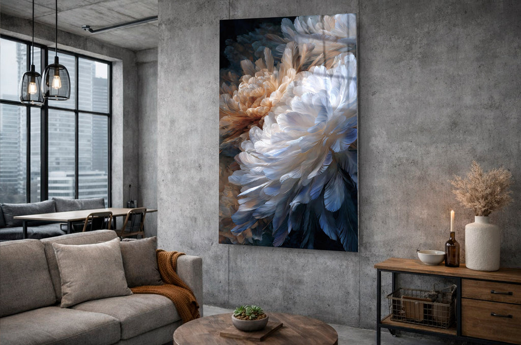 White and Peach Feather Bloom Glass Wall Art in a living room interior