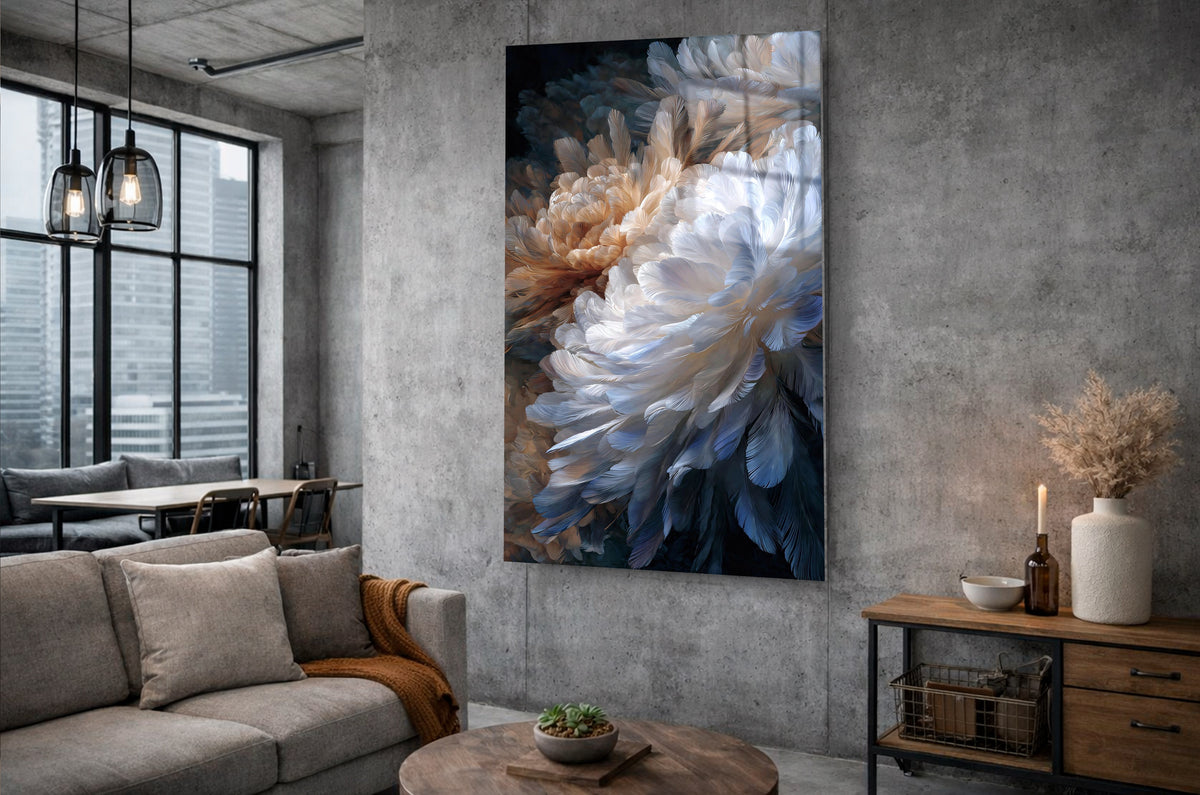 White and Peach Feather Bloom Glass Wall Art in a living room interior