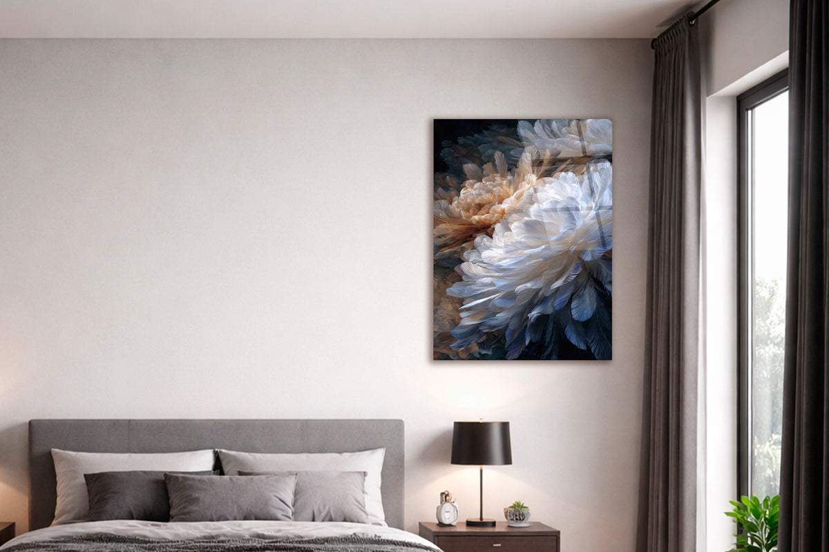 White and Peach Feather Bloom Glass Wall Art in a modern interior