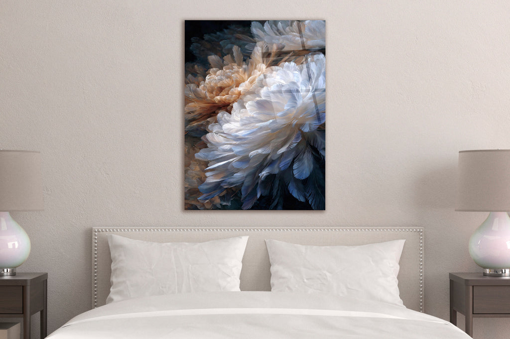 White and Peach Feather Bloom Glass Wall Art on the wall