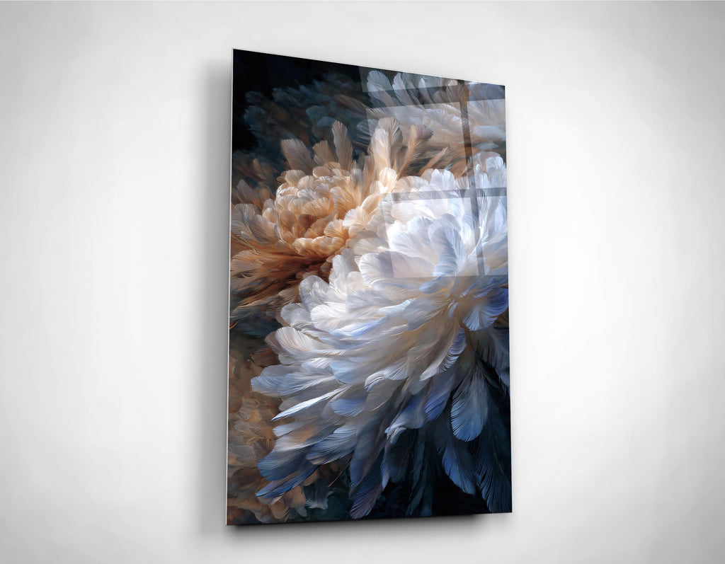 White and Peach Feather Bloom Glass Wall Art close-up