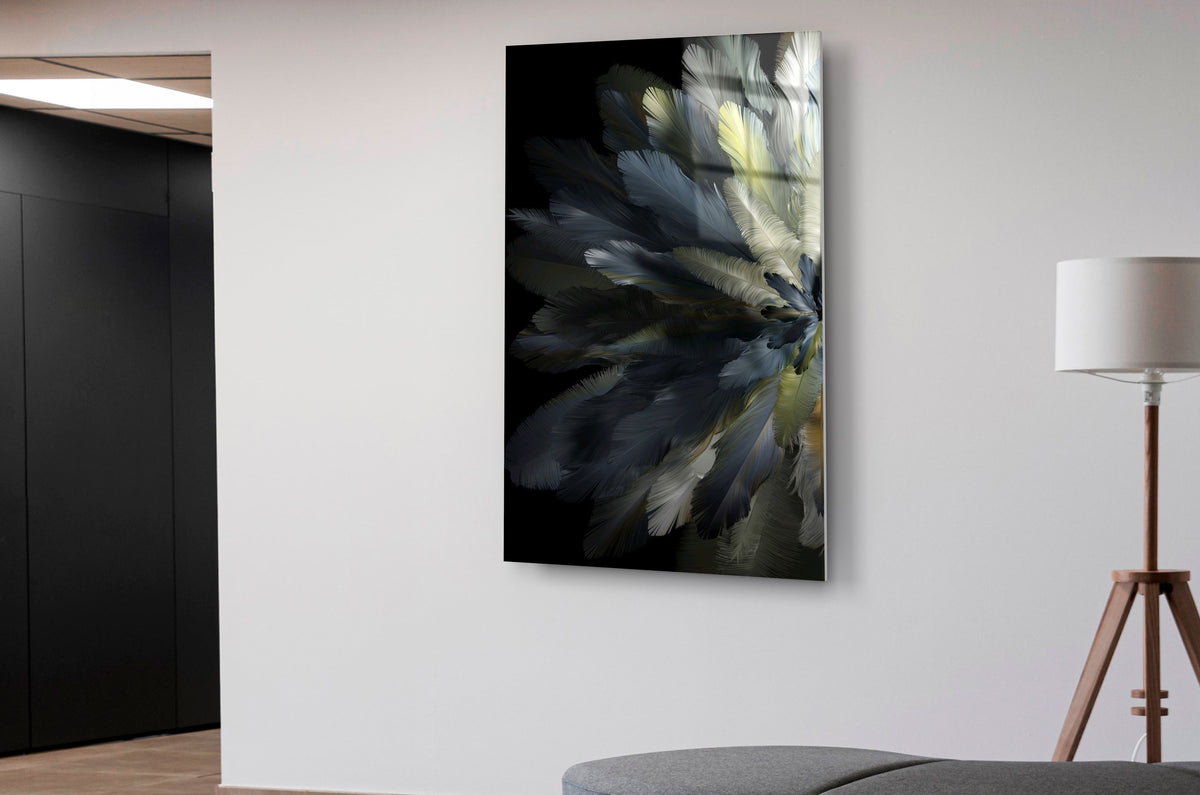 Dark Feather Flower on Black Glass Wall Art in a living room interior