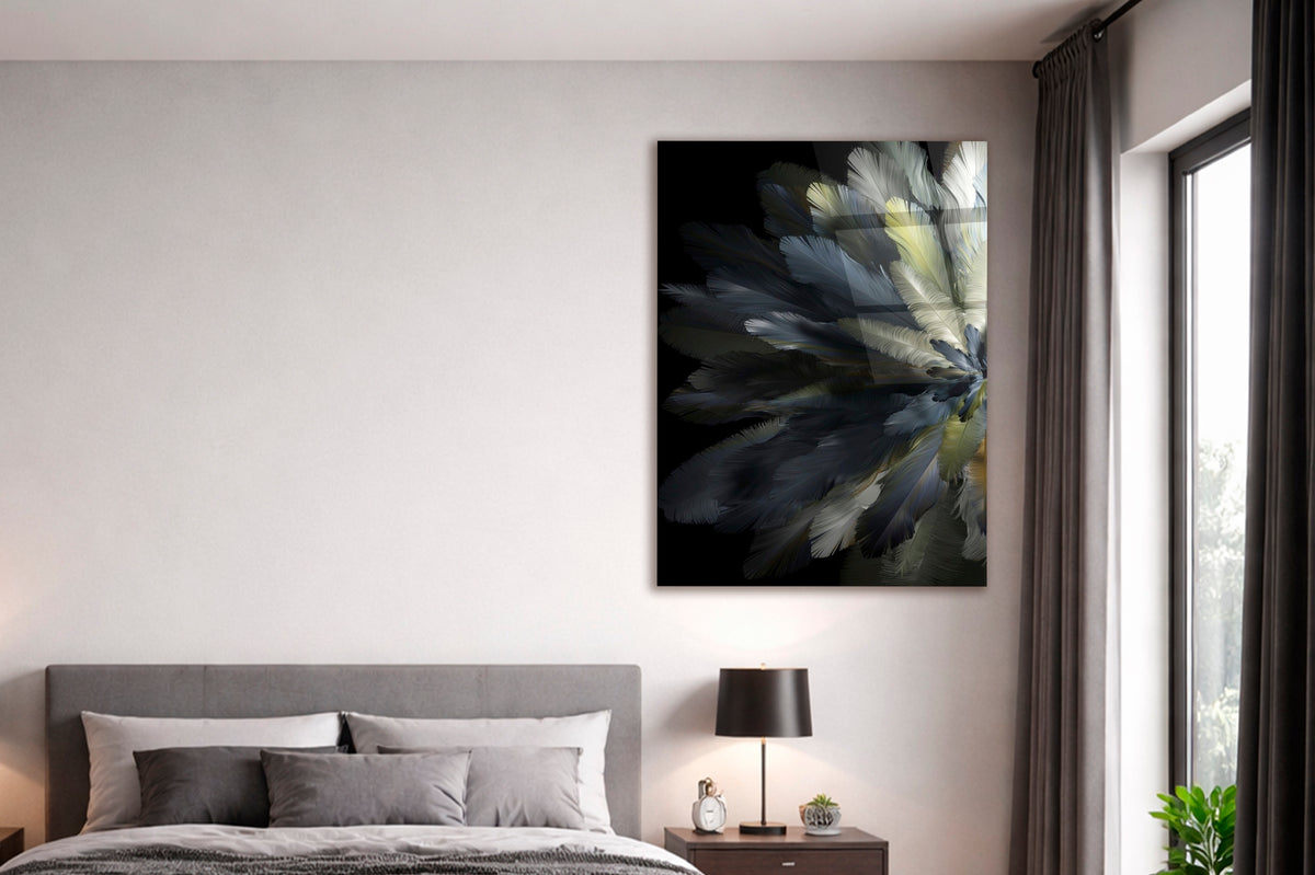 Dark Feather Flower on Black Glass Wall Art in a modern interior