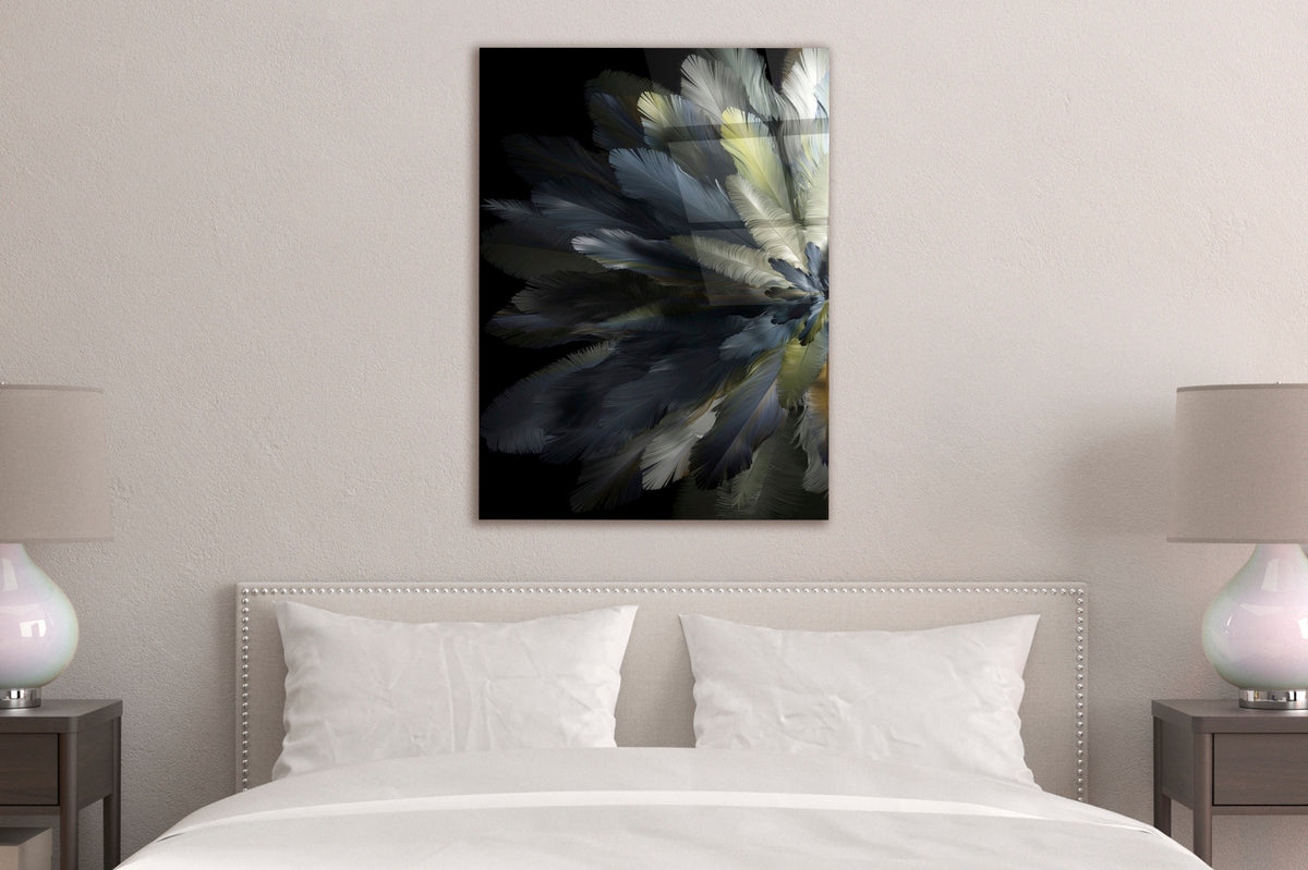 Dark Feather Flower on Black Glass Wall Art on the wall