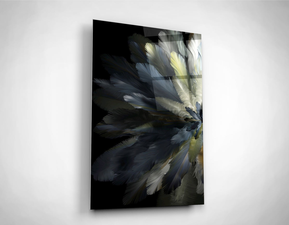 Dark Feather Flower on Black Glass Wall Art close-up
