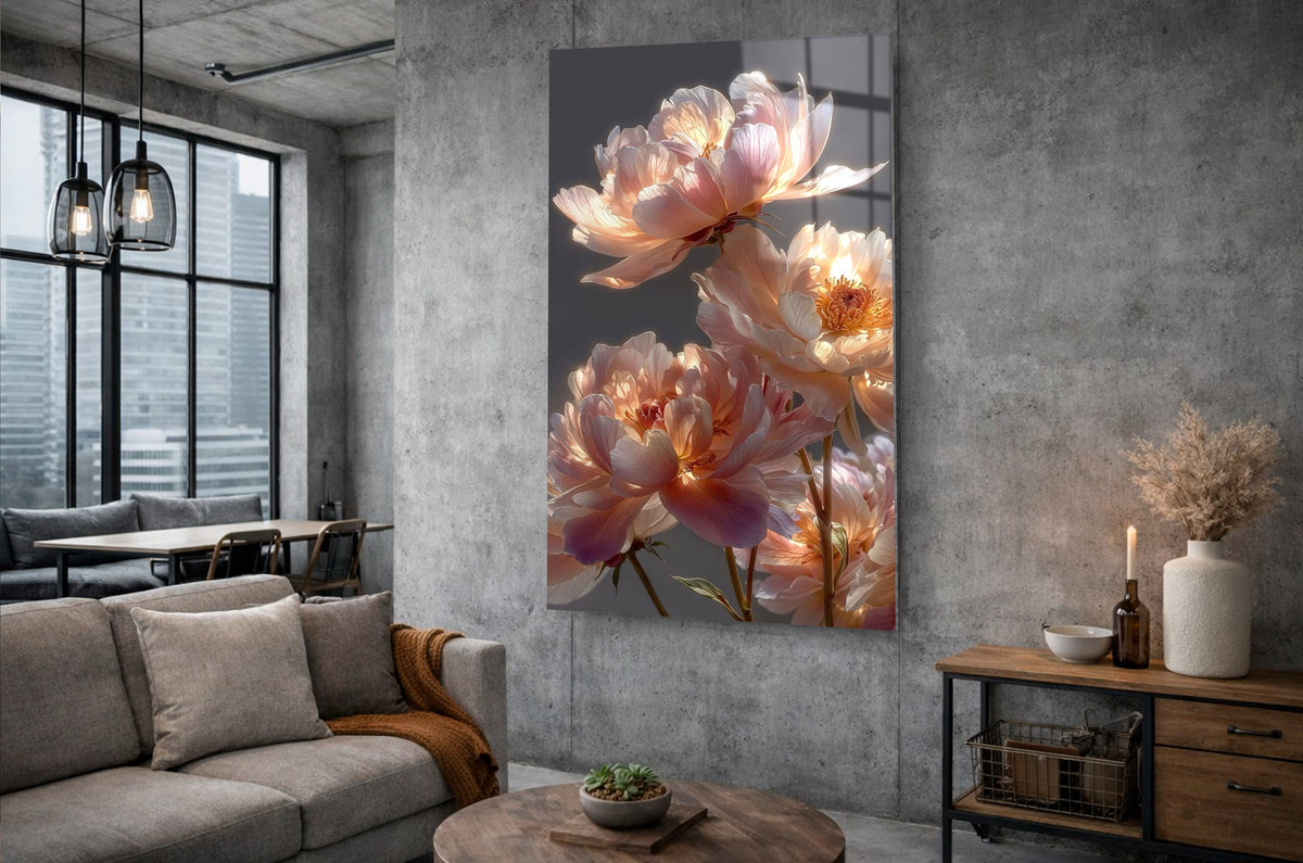 Glowing Peach Peonies Glass Wall Art in a living room interior